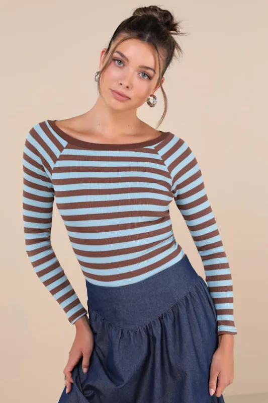 Reliably Cozy Blue and Brown Striped Long Sleeve Top sold by Lulus