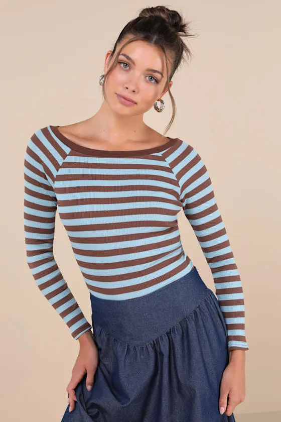 Reliably Cozy Blue and Brown Striped Long Sleeve Top sold by Lulus