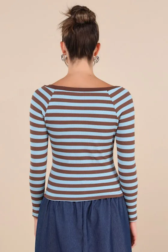 Reliably Cozy Blue and Brown Striped Long Sleeve Top sold by Lulus product image thumbnail 2