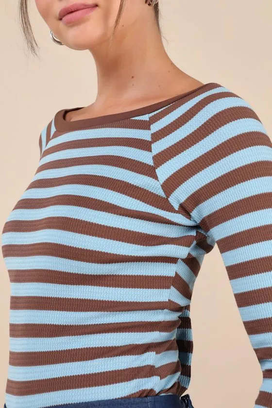 Reliably Cozy Blue and Brown Striped Long Sleeve Top sold by Lulus product image thumbnail 4