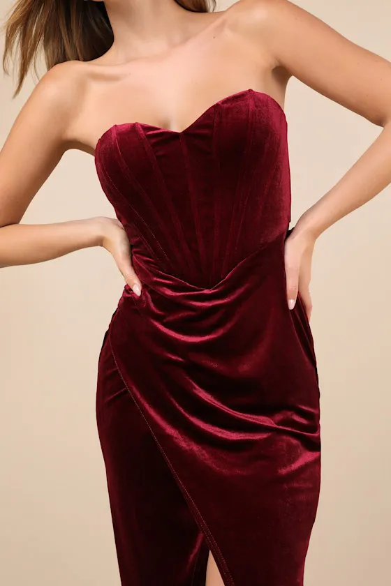 Masterfully Flirty Berry Red Velvet Bustier Midi Dress sold by Lulus product image thumbnail 3