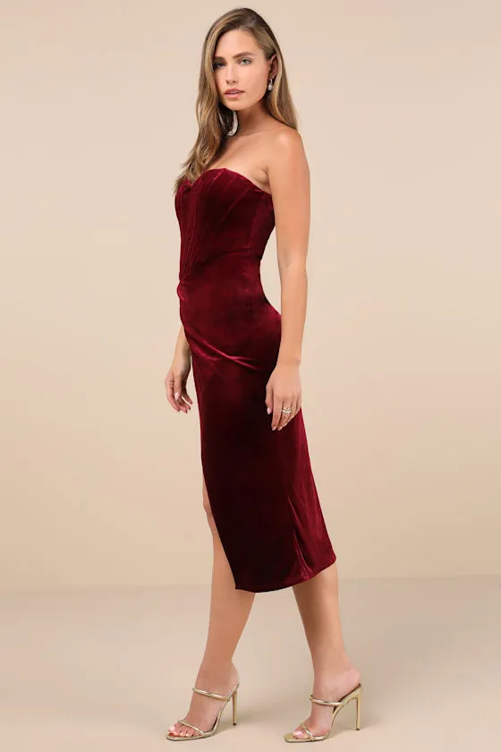 Masterfully Flirty Berry Red Velvet Bustier Midi Dress sold by Lulus product image thumbnail 4