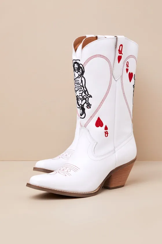 Queen A Hearts White Leather Knee-High Western Boots sold by Lulus