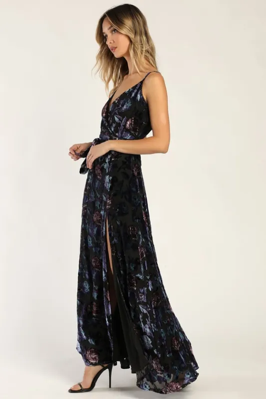 Pretty Companion Black Floral Velvet Burnout Maxi Dress sold by Lulus
