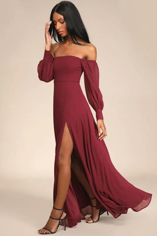 Feel the Romance Burgundy Off-the-Shoulder Maxi Dress sold by Lulus