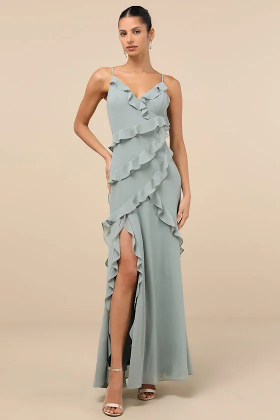 Fancy Sweetness Sage Green Ruffled Lace-Up Sleeveless Maxi Dress sold by Lulus