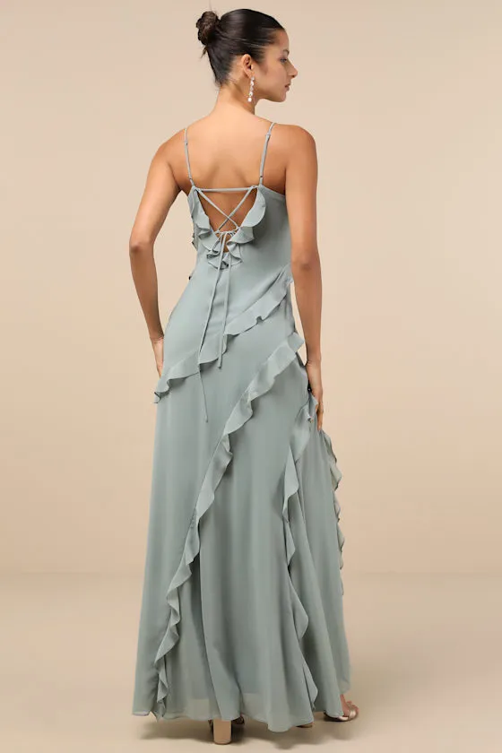 Fancy Sweetness Sage Green Ruffled Lace-Up Sleeveless Maxi Dress sold by Lulus product image thumbnail 2
