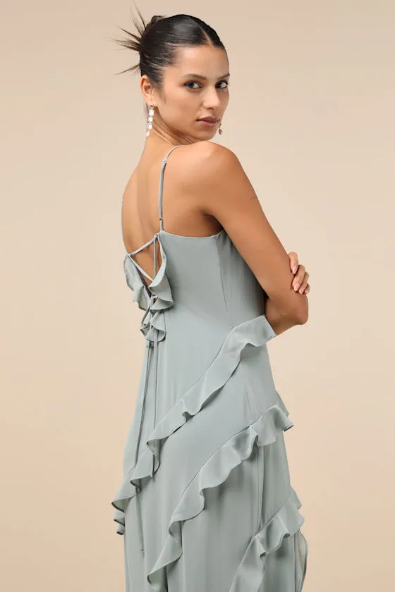 Fancy Sweetness Sage Green Ruffled Lace-Up Sleeveless Maxi Dress sold by Lulus product image thumbnail 4