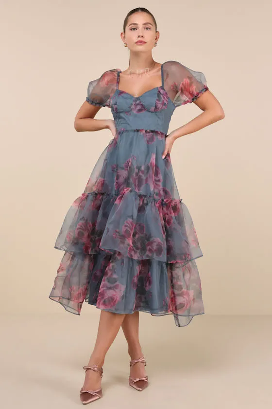 Ideally Lovely Slate Blue Floral Organza Lace-Up Midi Dress sold by Lulus