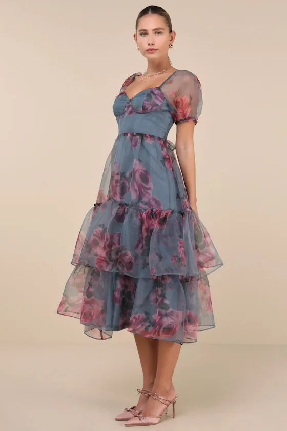 Ideally Lovely Slate Blue Floral Organza Lace-Up Midi Dress sold by Lulus product image thumbnail 2