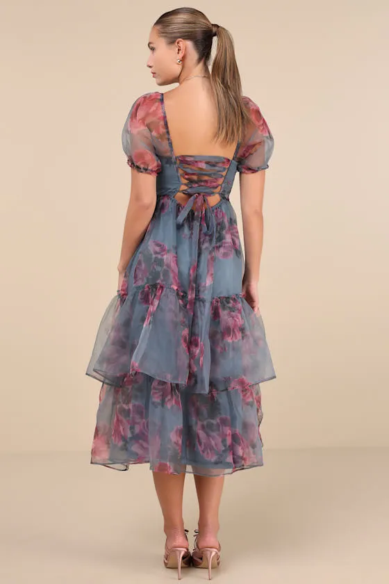 Ideally Lovely Slate Blue Floral Organza Lace-Up Midi Dress sold by Lulus product image thumbnail 3