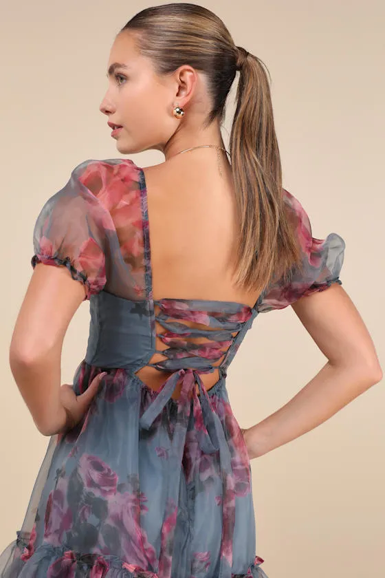 Ideally Lovely Slate Blue Floral Organza Lace-Up Midi Dress sold by Lulus product image thumbnail 4