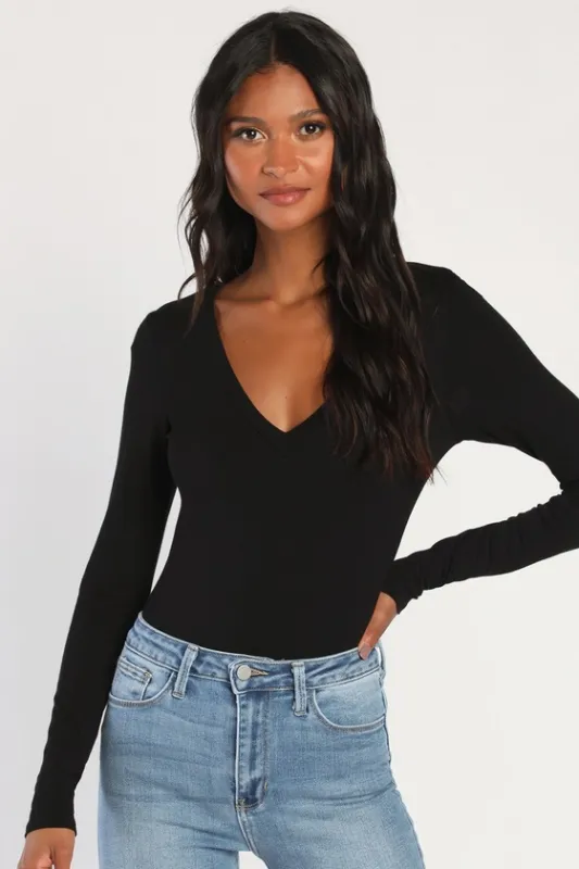 Clean Look Black V-Neck Long Sleeve Bodysuit sold by Lulus