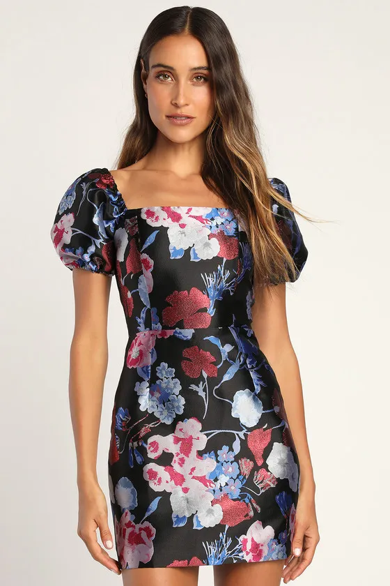 So Stunning Black Multi Floral Jacquard Puff Sleeve Mini Dress sold by Lulus product image thumbnail 2