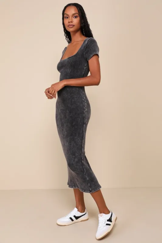 Simplified Perfection Washed Black Cap Sleeve Bodycon Midi Dress sold by Lulus