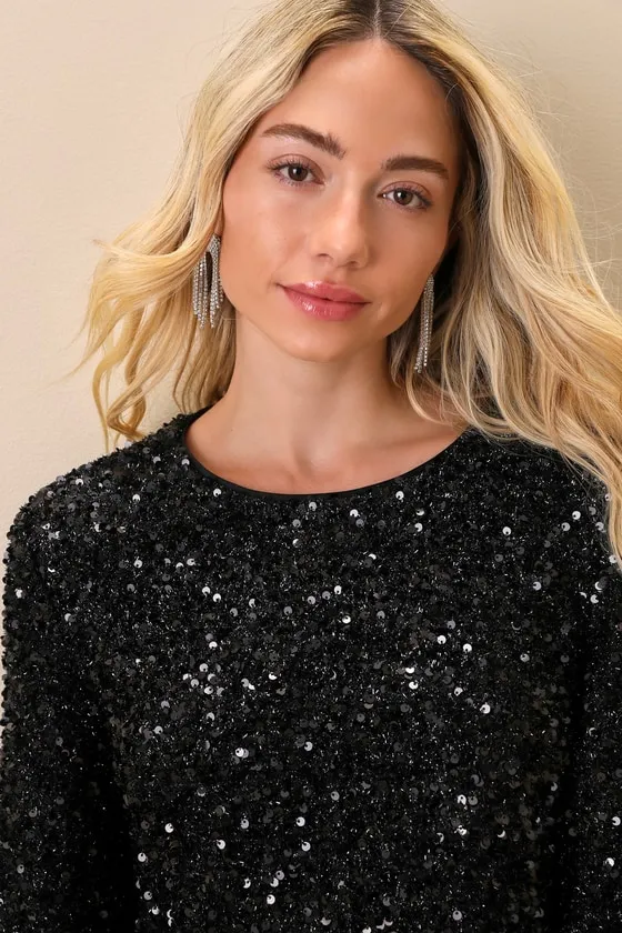 Sparkling Behavior Black Sequin Feather Long Sleeve Top sold by Lulus product image thumbnail 4