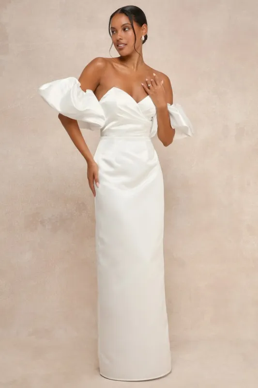 Profound Love White Satin Pleated Puff Sleeve Maxi Dress sold by Lulus