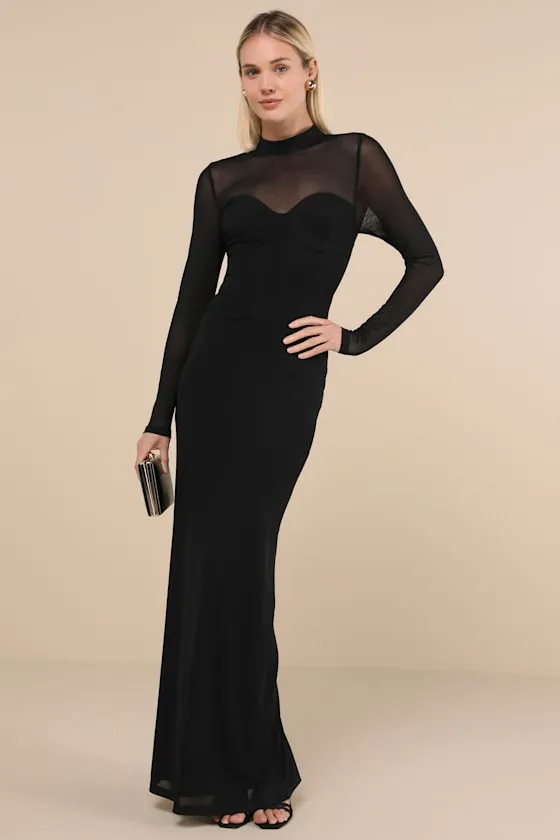 Sensational Appeal Black Mesh Cutout Long Sleeve Maxi Dress sold by Lulus