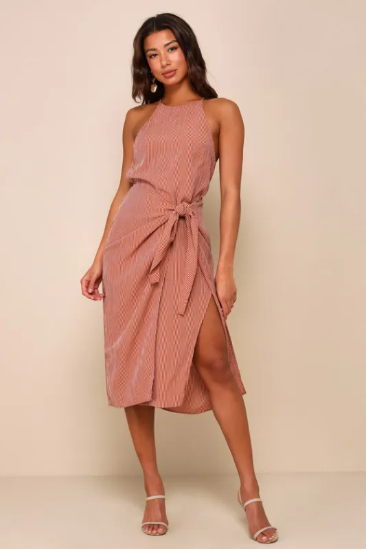 Amalfi Muse Rust Brown Striped Cutout Faux Wrap Midi Dress sold by Lulus