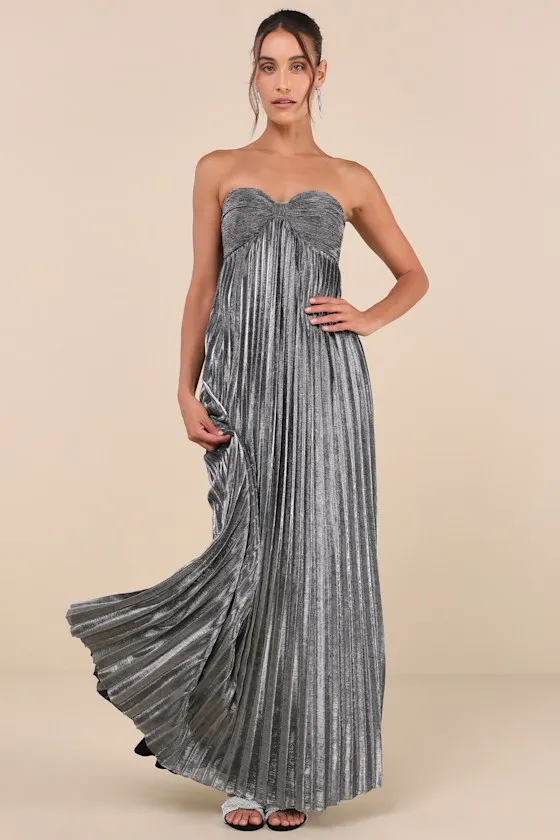 Glittering Luxury Silver Lurex Pleated Strapless Maxi Dress sold by Lulus