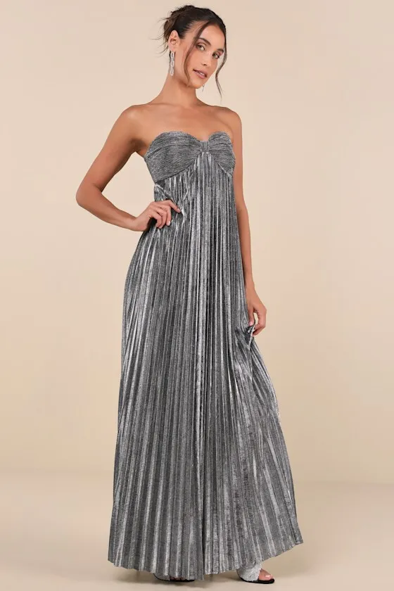 Glittering Luxury Silver Lurex Pleated Strapless Maxi Dress sold by Lulus product image thumbnail 3