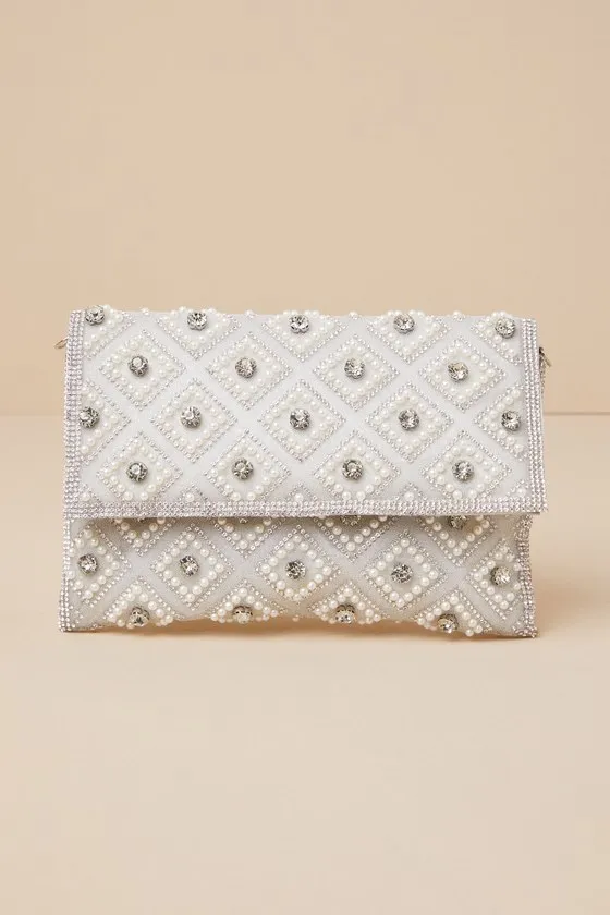 Sparkly Passion Silver Rhinestone Pearl Clutch sold by Lulus
