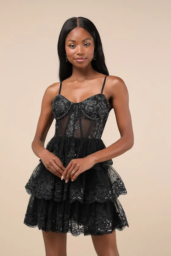 Exquisite Drama Black Embroidered Sequin Tiered Mini Dress sold by Lulus