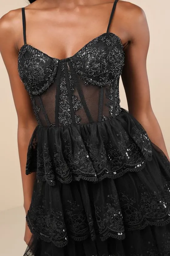 Exquisite Drama Black Embroidered Sequin Tiered Mini Dress sold by Lulus product image thumbnail 4