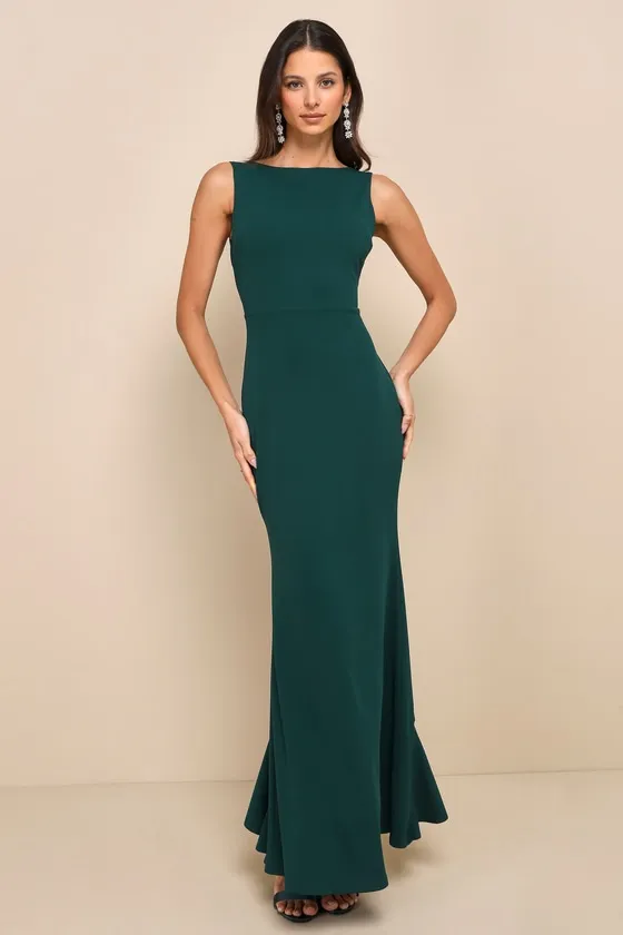 Exquisite Refinement Emerald Backless Bow Ruffled Maxi Dress sold by Lulus