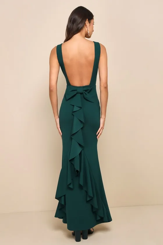 Exquisite Refinement Emerald Backless Bow Ruffled Maxi Dress sold by Lulus product image thumbnail 2