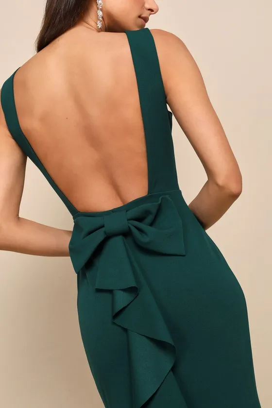 Exquisite Refinement Emerald Backless Bow Ruffled Maxi Dress sold by Lulus product image thumbnail 4