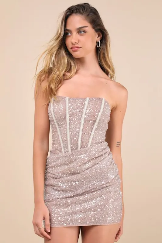 Vivacious Champagne Lace-Up Strapless Mini Dress sold by Lulus