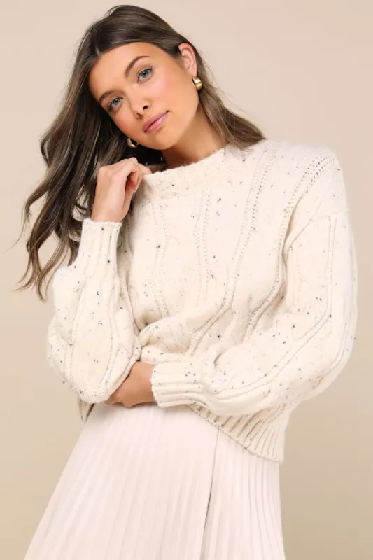 Comfortable Classic Ivory Speckled Cable Knit Sweater sold by Lulus