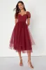 Brightly Beloved Wine Red Tulle Tiered Puff Sleeve Midi Dress sold by Lulus