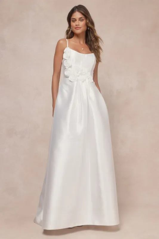 Dreamy Forever White Taffeta Rosette Maxi Dress with Pockets sold by Lulus
