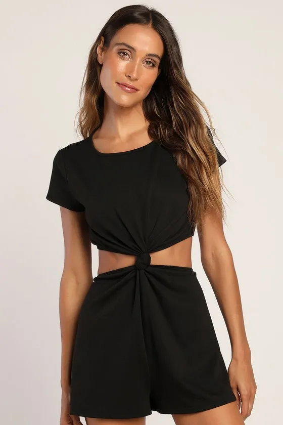 Laid-Back Lifestyle Black Knot-Front Cutout Romper sold by Lulus
