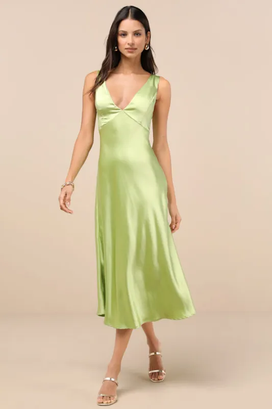Incredible Love Lime Green Satin Cowl Back Midi Slip Dress sold by Lulus