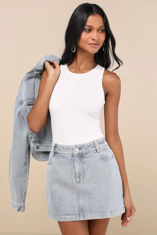 Adaya Light Wash Denim High-Rise Micro Mini Skirt sold by Lulus