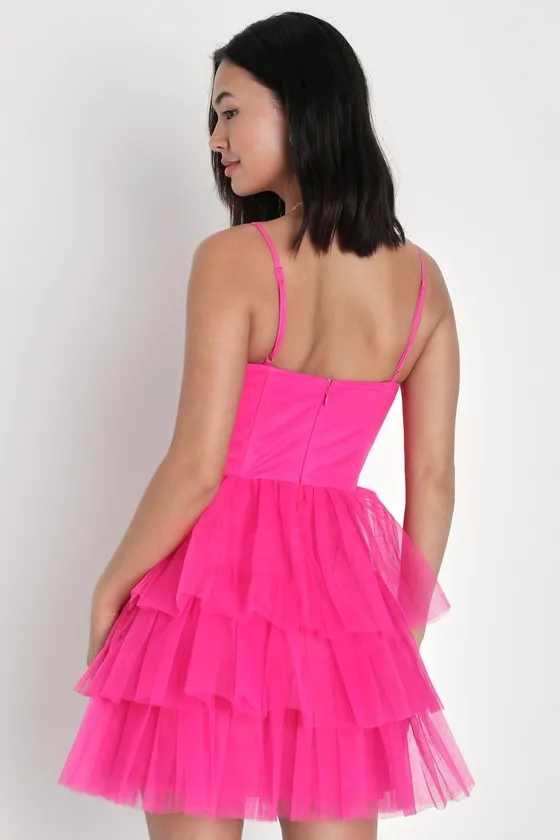 Rule the Runway Hot Pink Tulle Bustier Tiered Mini Dress sold by Lulus product image thumbnail 3