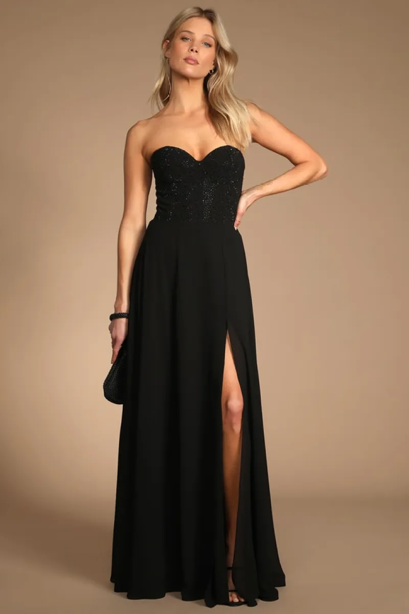Remember This Moment Black Rhinestone Strapless Maxi Dress sold by Lulus