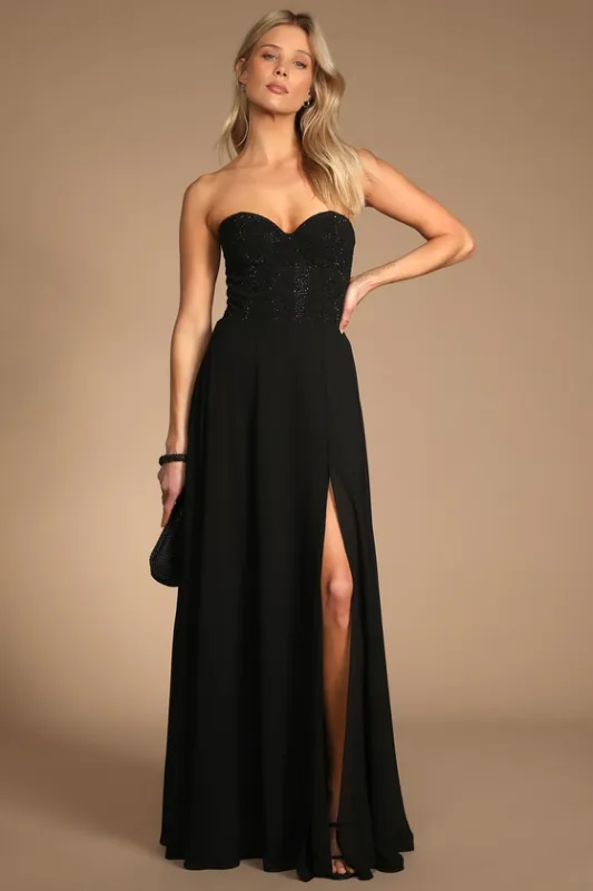 Remember This Moment Black Rhinestone Strapless Maxi Dress sold by Lulus