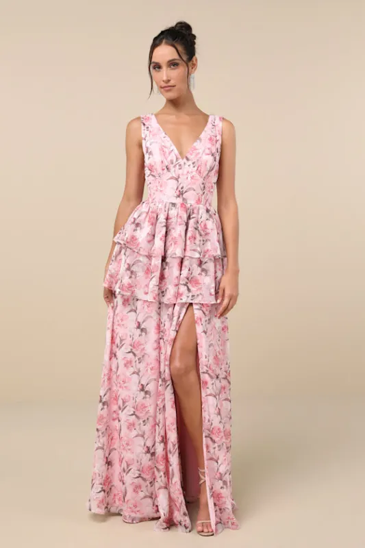 Graceful Approach Blush Pink Floral Jacquard Tiered Maxi Dress sold by Lulus