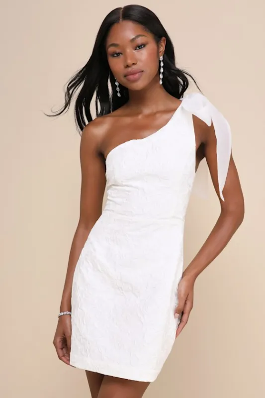 Unique Perfection White Floral Jacquard One-Shoulder Mini Dress sold by Lulus