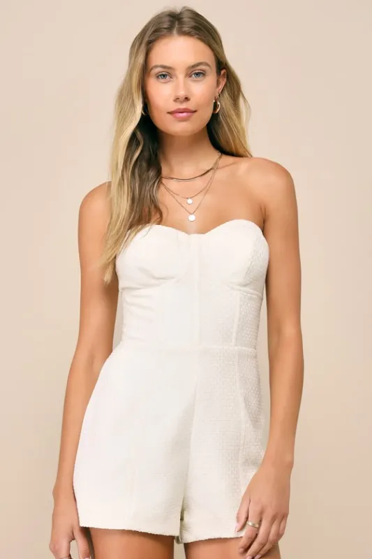 Cute Expression Cream Jacquard Strapless Bustier Romper sold by Lulus