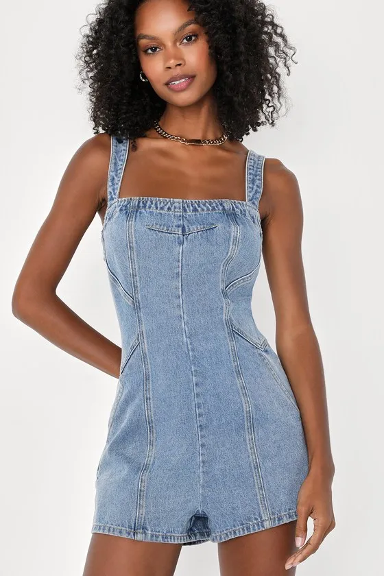 Trendy Attitude Medium Wash Backless Denim Romper sold by Lulus product image thumbnail 2
