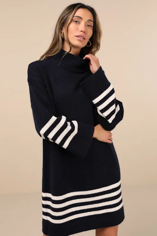Comfiest Cutie Navy Striped Mock Neck Mini Sweater Dress sold by Lulus