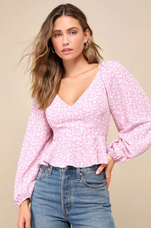 Seasonal Blossom Pink Floral Lace-Up Puff Sleeve Peplum Top sold by Lulus