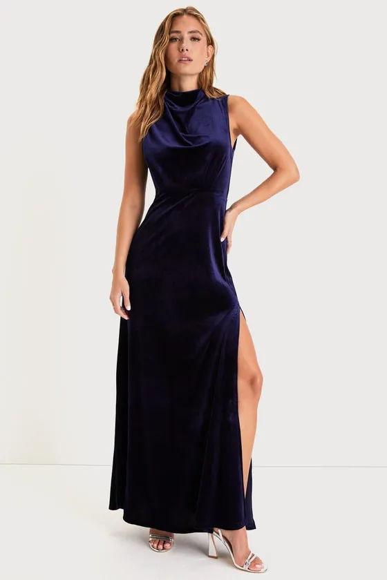 Classic Elegance Navy Velvet Sleeveless Mock Neck Maxi Dress sold by Lulus