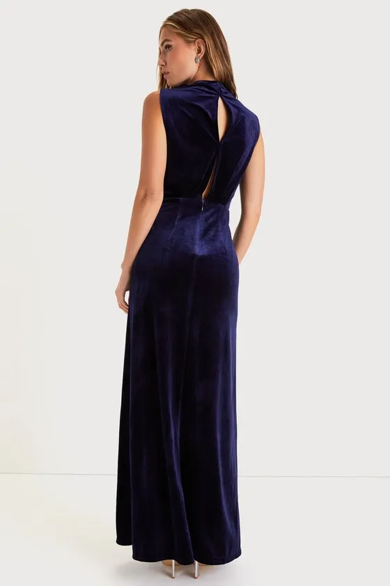 Classic Elegance Navy Velvet Sleeveless Mock Neck Maxi Dress sold by Lulus product image thumbnail 2