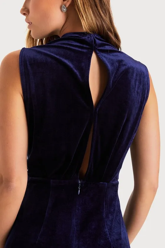 Classic Elegance Navy Velvet Sleeveless Mock Neck Maxi Dress sold by Lulus product image thumbnail 4